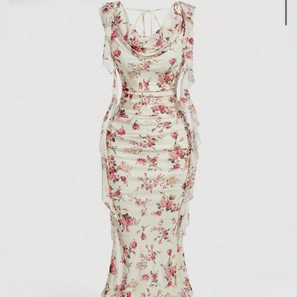 Floral Cowl Neck Midi Dress in Cream and Pink